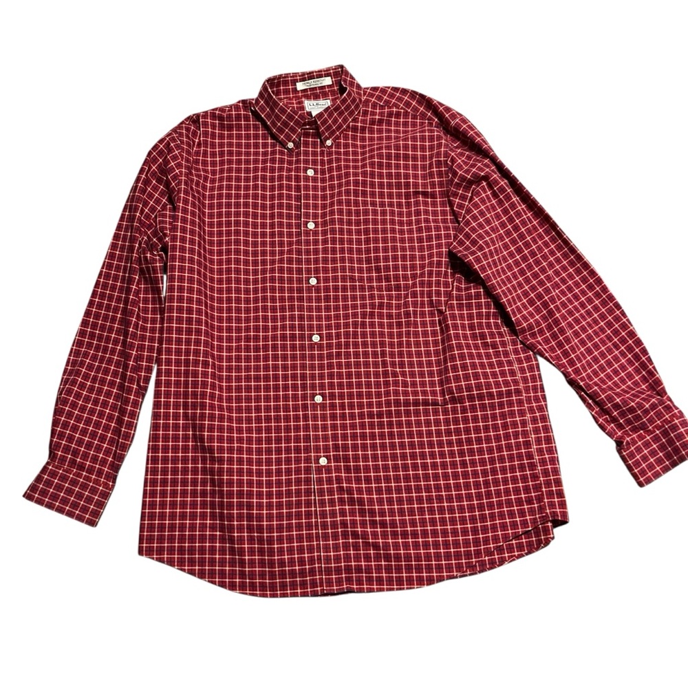 LL Bean Long Sleeve Traditional Fit Button Down Shirt Red Blue‎ Plaid Size L Reg